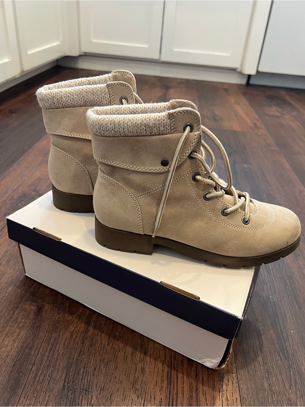 St. John's Bay Beige Lace-Up Ankle Boots with Knit Collar